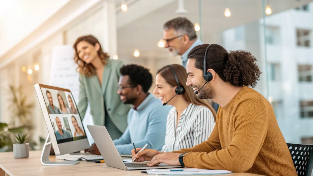 Diverse group of people communicating using sign language and technology, professional and inclusive atmosphere.